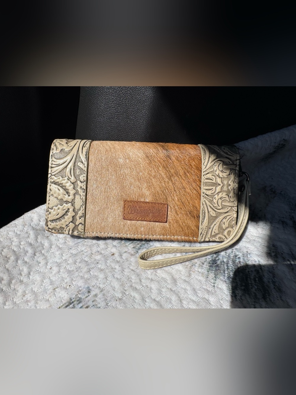 Wrangler Tan Brown Hair-on Cowhide Wristlet Clutch with Tooled Sides wallet
